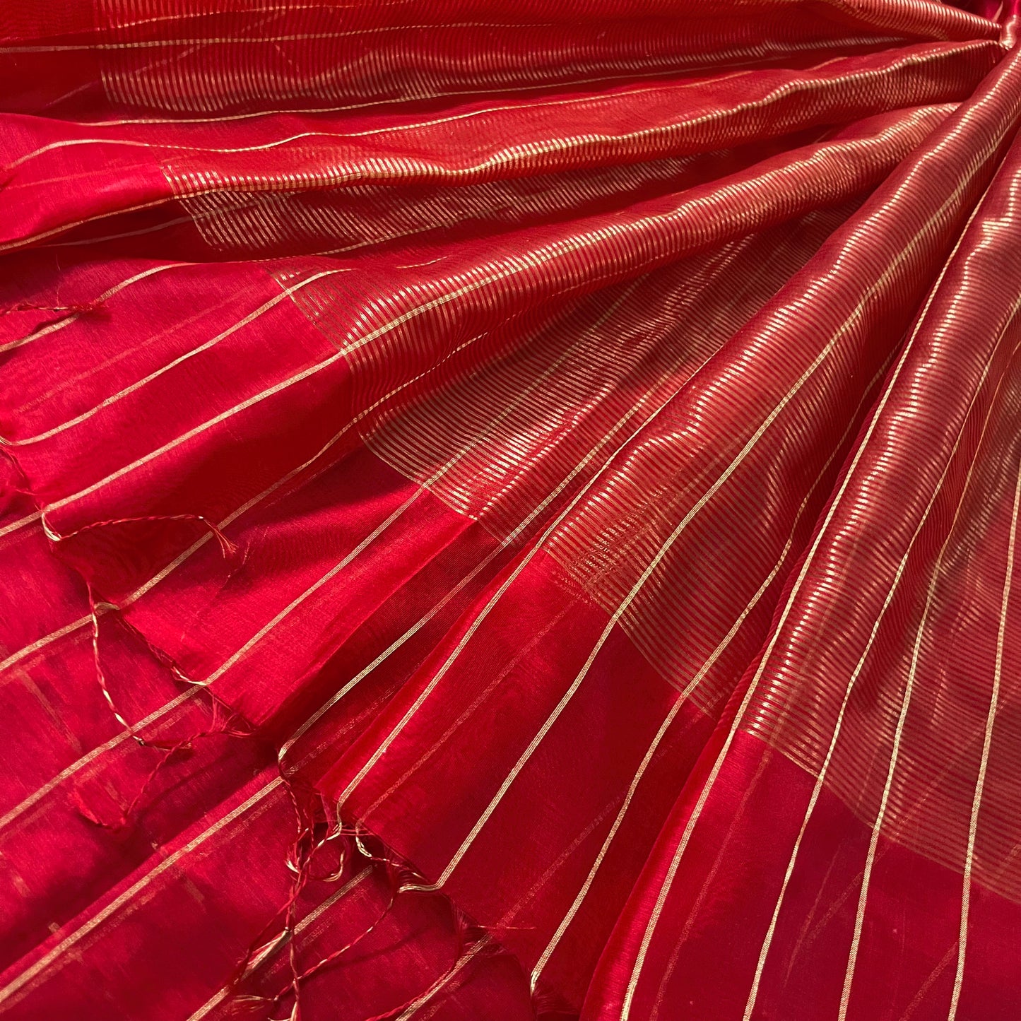 Red maheshwari saree with zari checks all over
