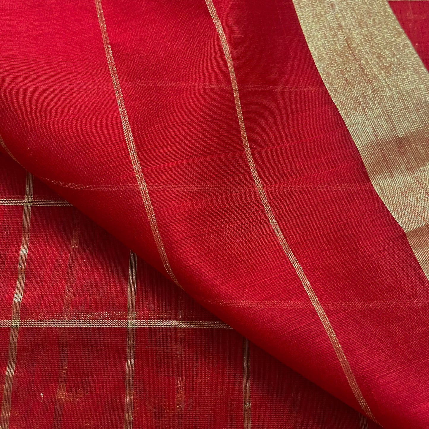 Red maheshwari saree with zari checks all over