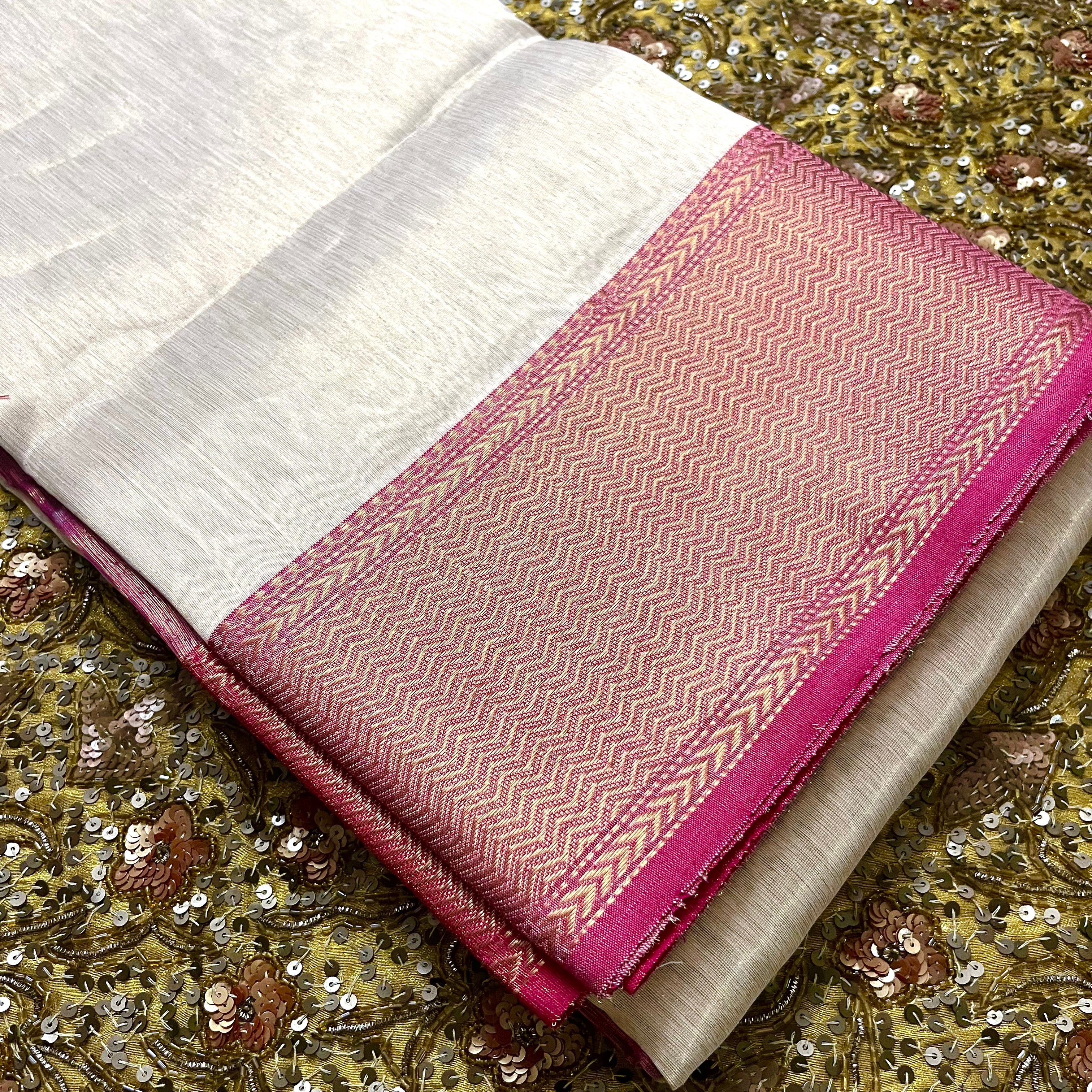 Champagne gold and pink maheshwari tissue silk saree