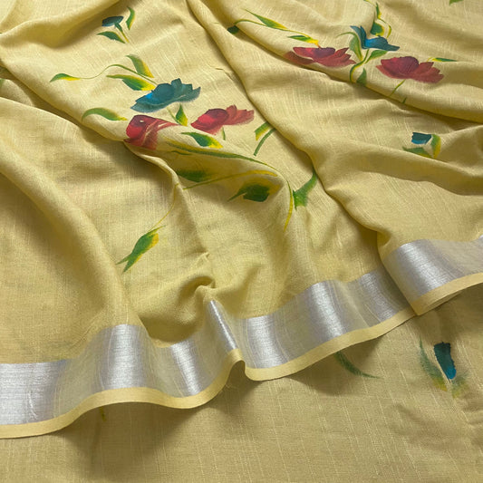 Corn yellow linen saree with hand painten flowers all over