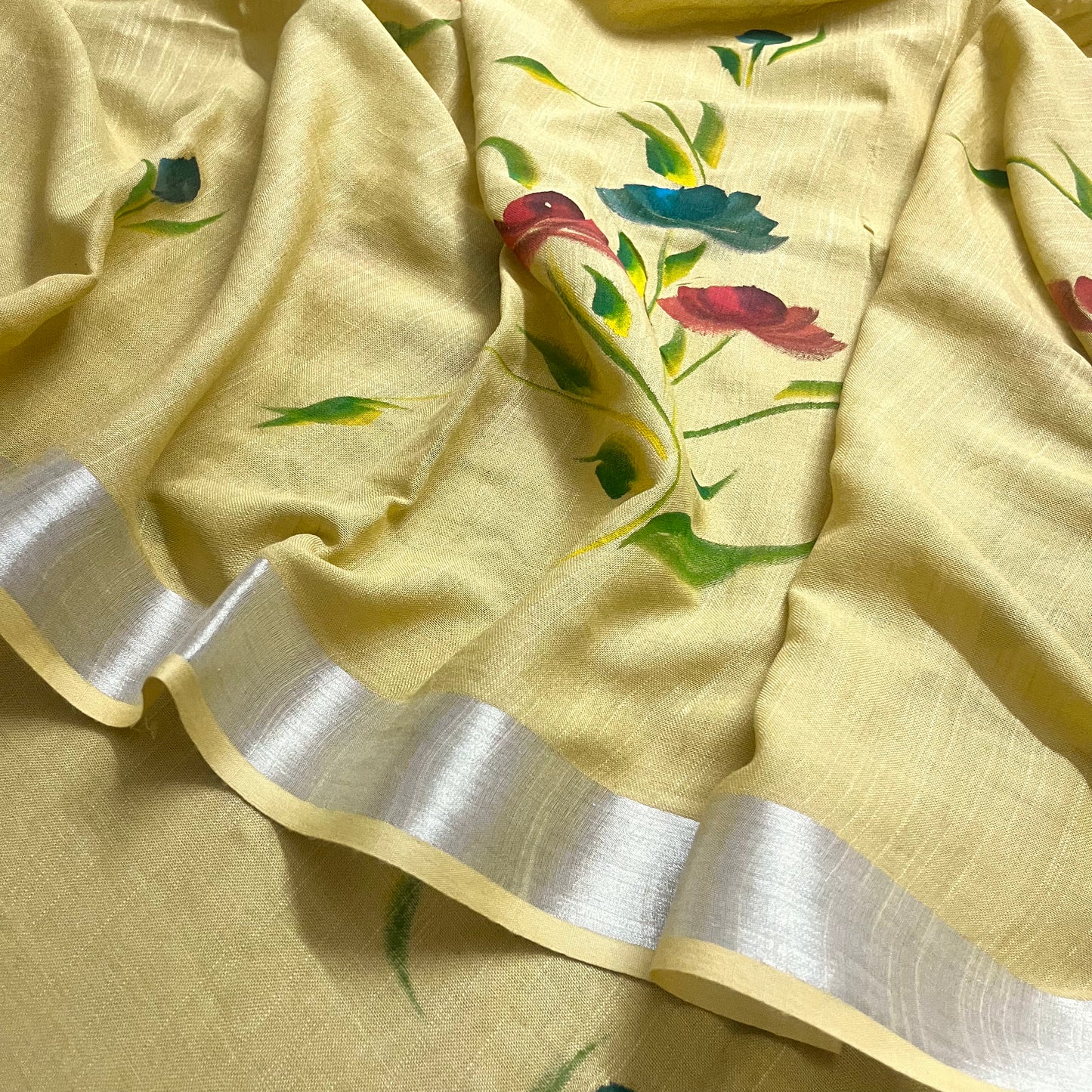 Corn yellow linen saree with hand painten flowers all over
