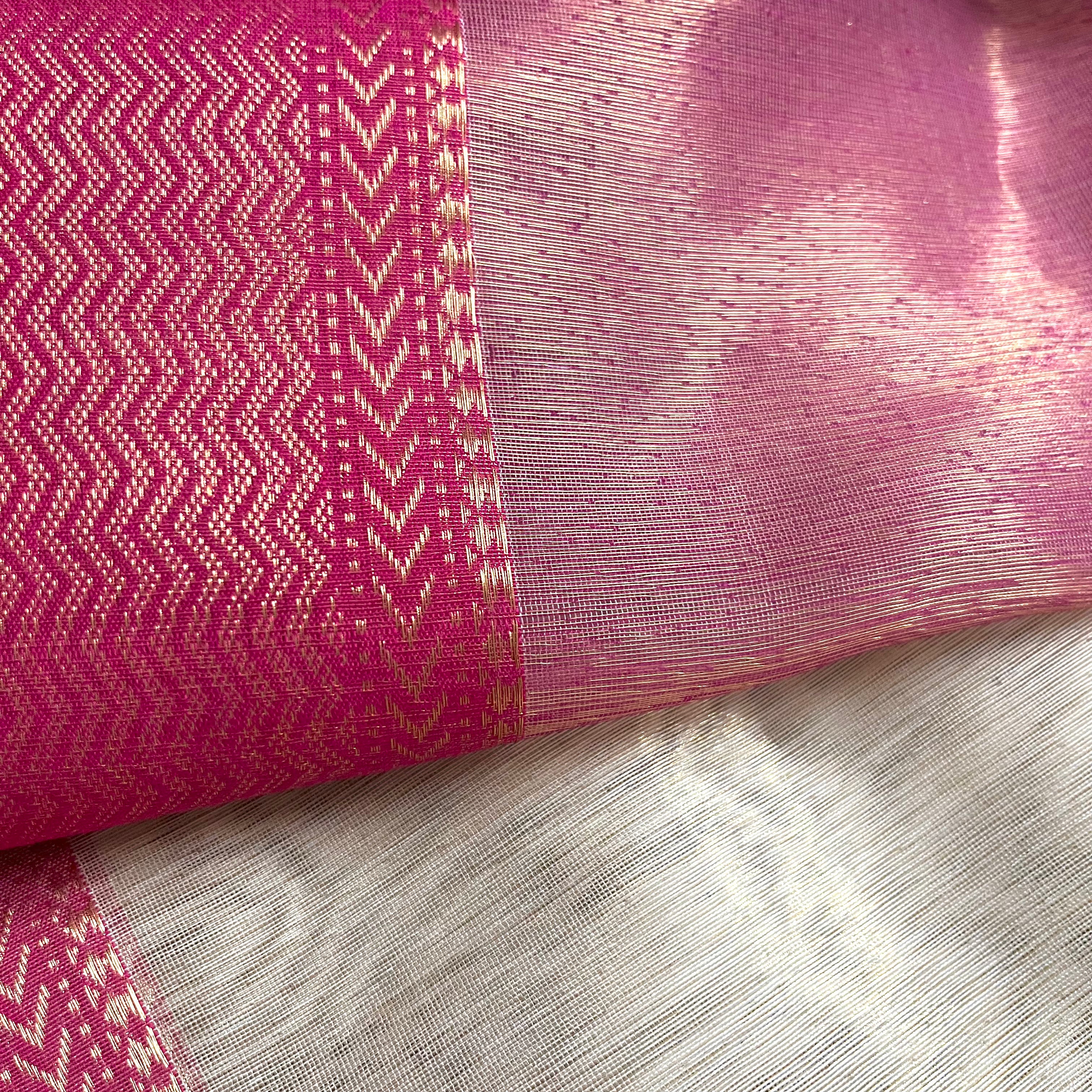 Champagne gold and pink maheshwari tissue silk saree