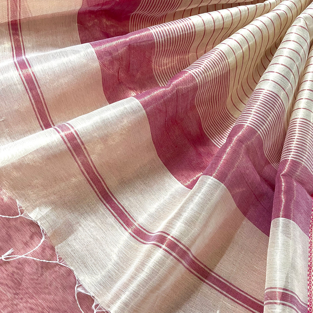 Champagne gold and pink maheshwari tissue silk saree