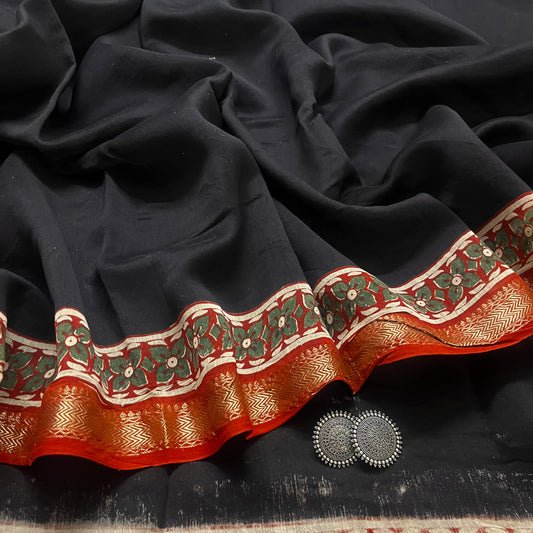 Black maheshwari saree with block print