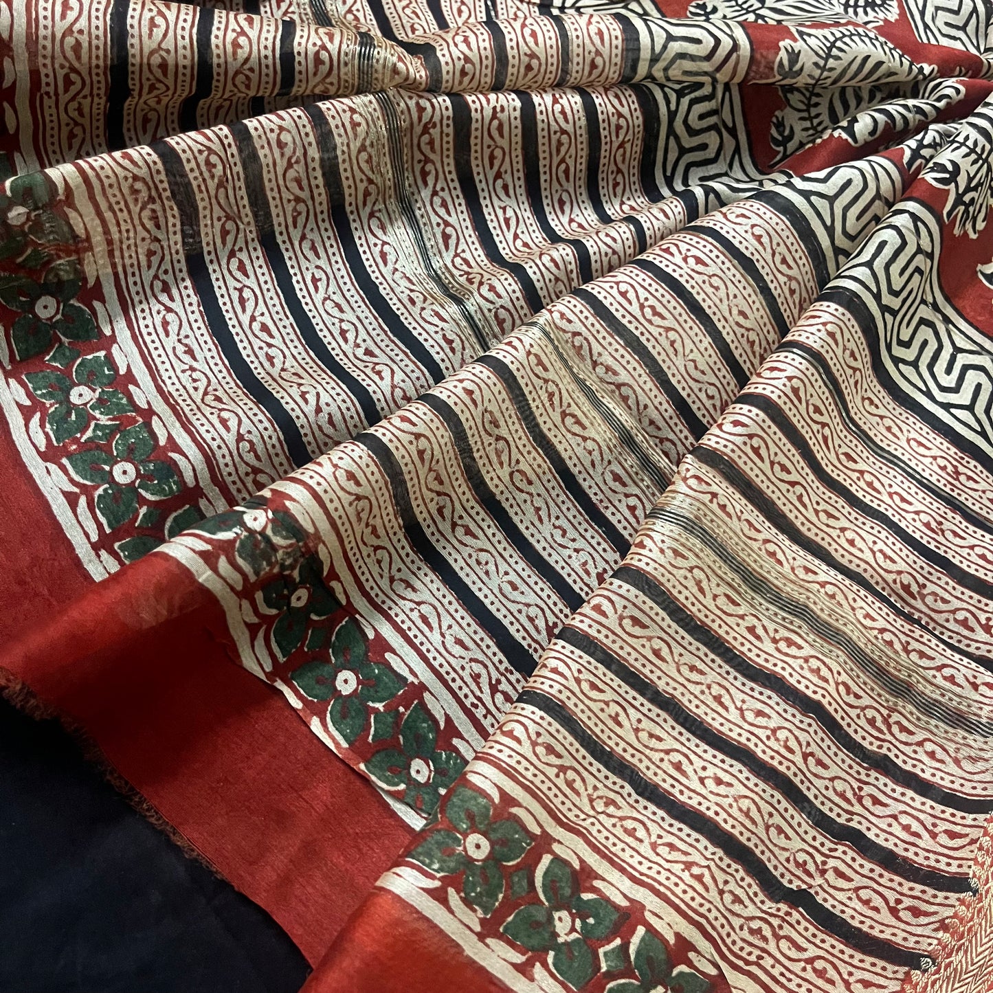 Black maheshwari saree with block print