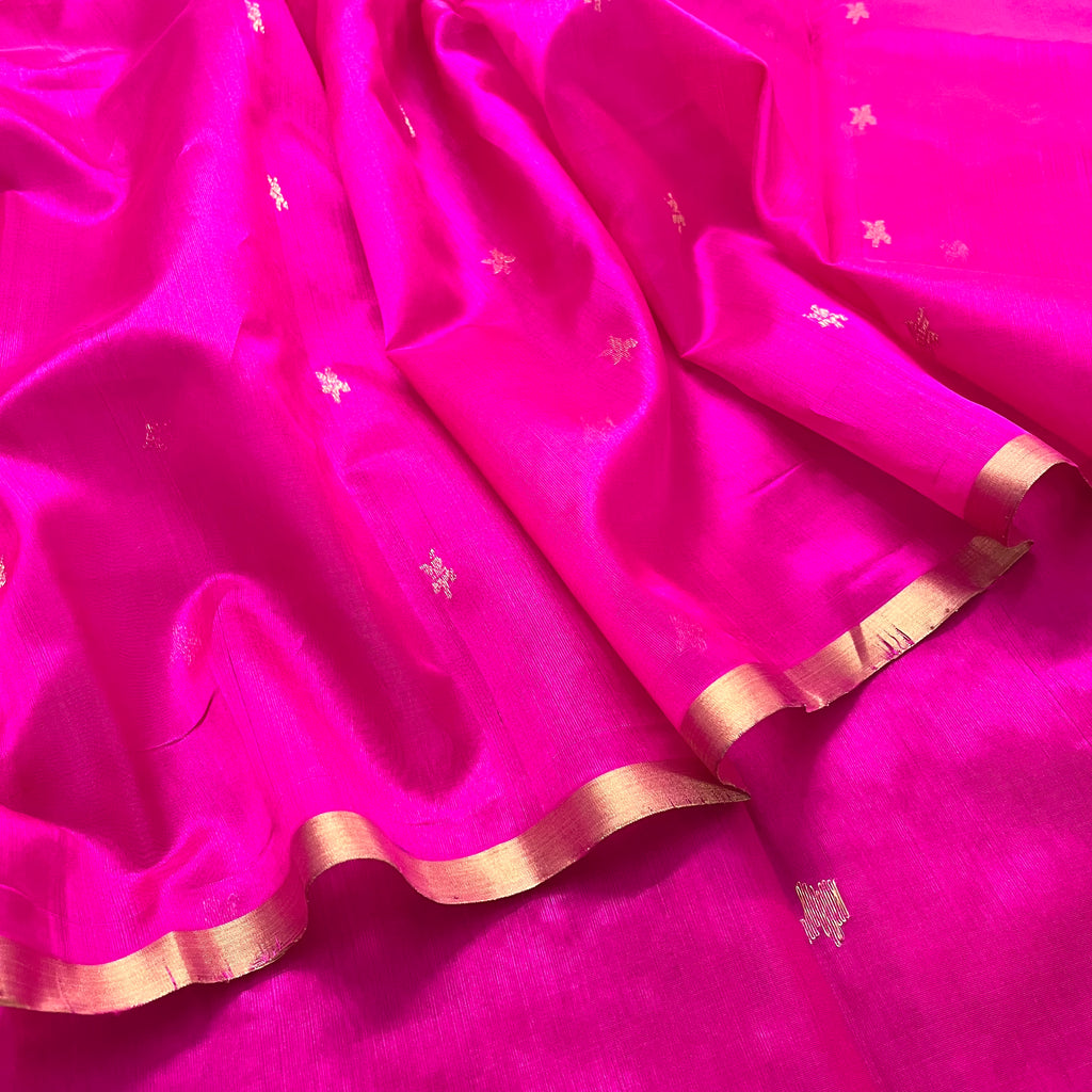 Ready to wear | Rani pink chanderi silk saree with flower bootis all over