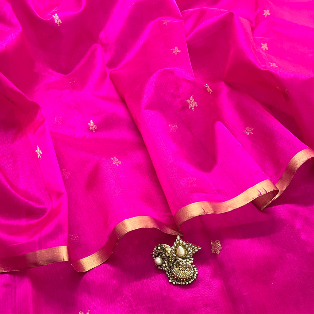 Ready to wear | Rani pink chanderi silk saree with flower bootis all over