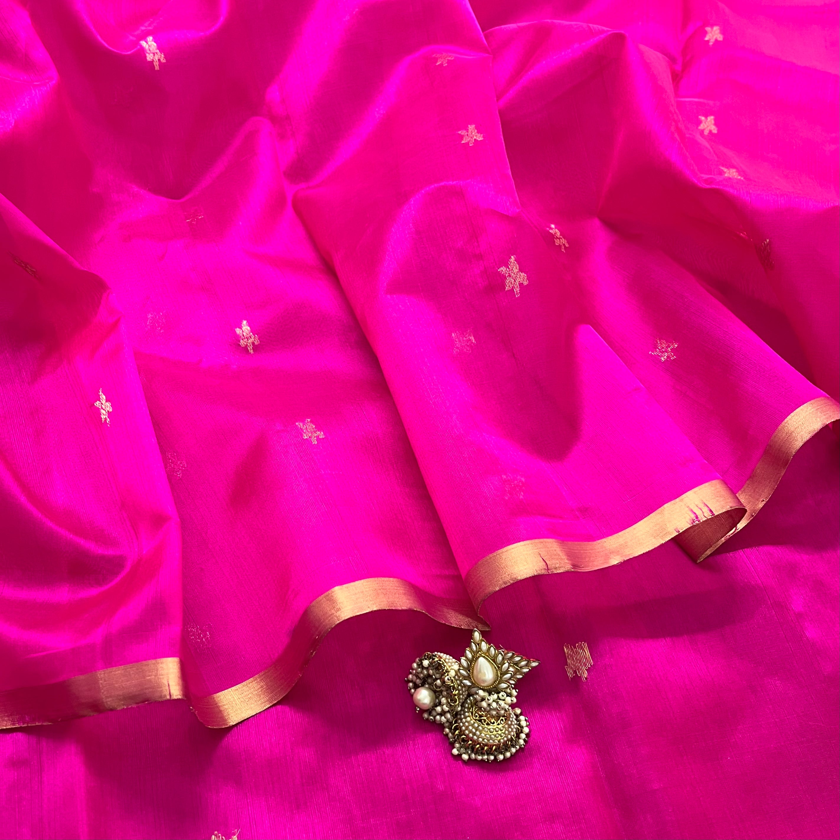 Ready to wear | Rani pink chanderi silk saree with flower bootis all over