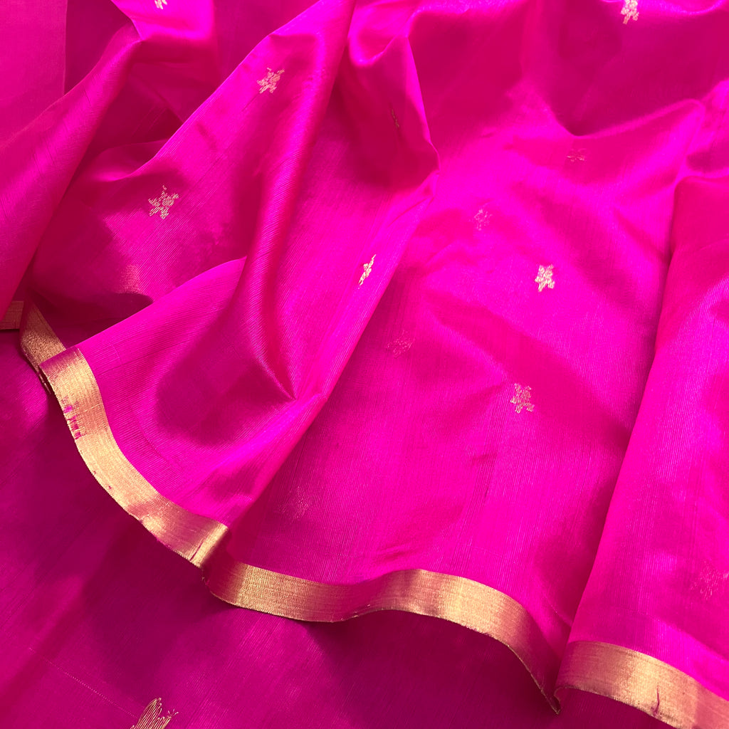 Ready to wear | Rani pink chanderi silk saree with flower bootis all over