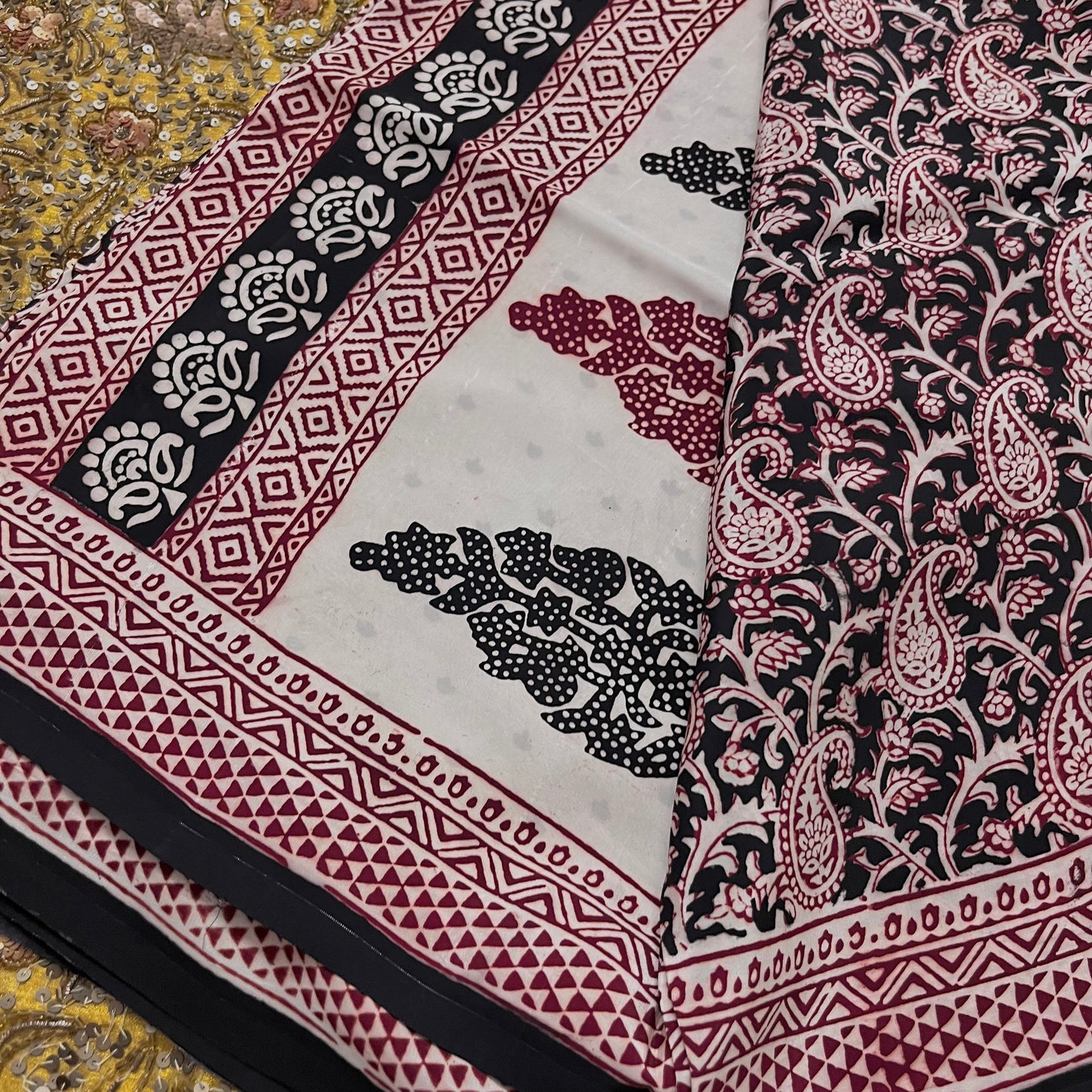 Black and red bagh print saree