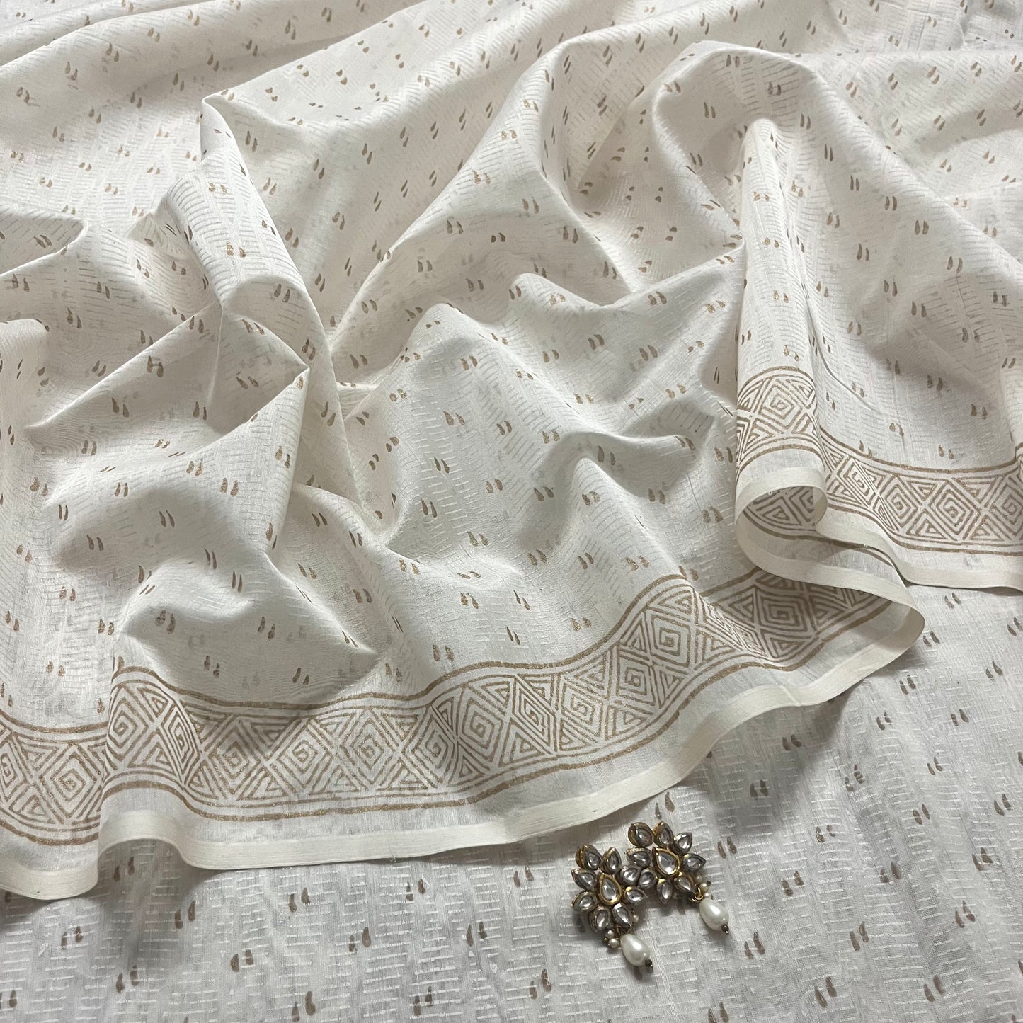 Pearl white maheshwari saree with handblock print all over