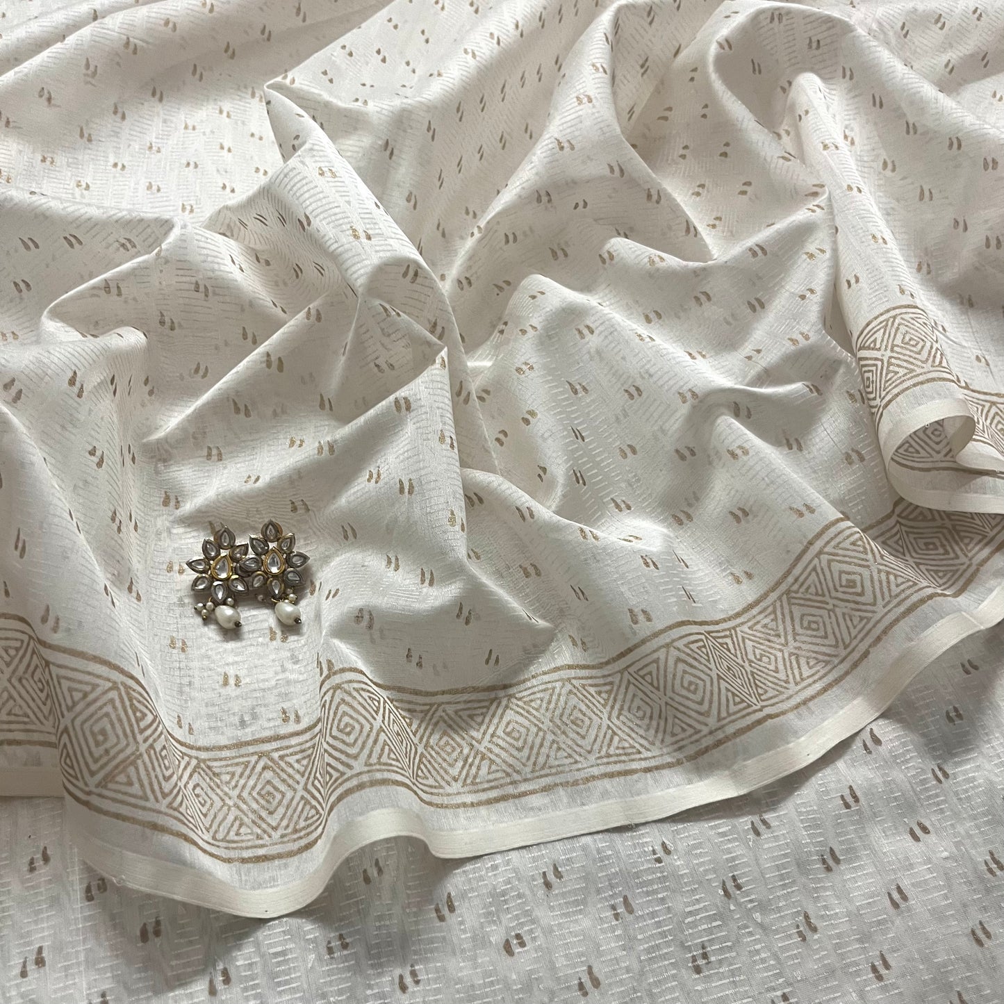 Pearl white maheshwari saree with handblock print all over