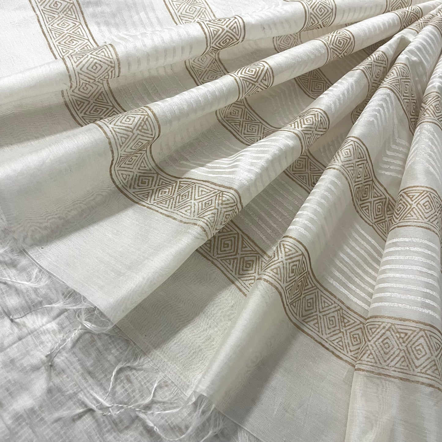Pearl white maheshwari saree with handblock print all over