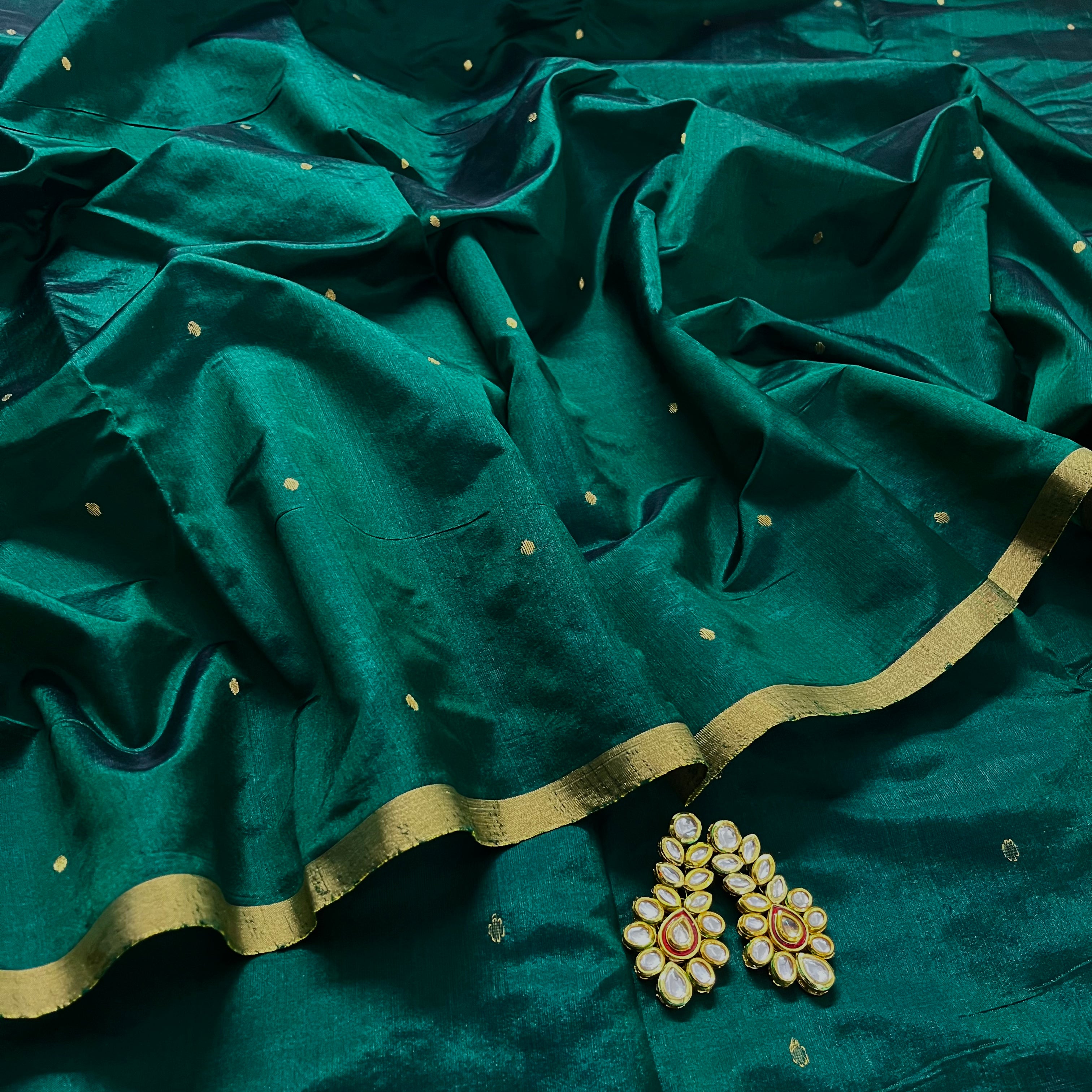 Dark Green Chanderi Silk Saree with Zari Bootis all over