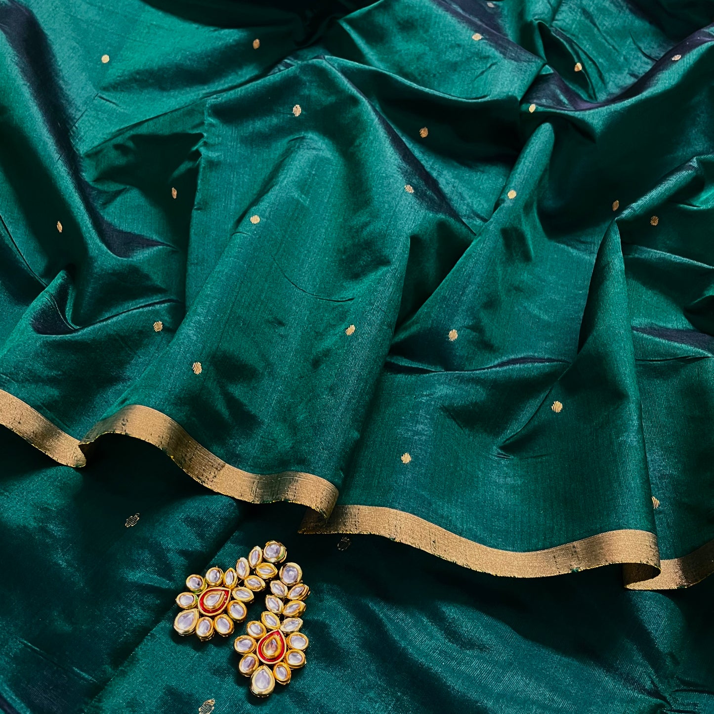 Dark Green Chanderi Silk Saree with Zari Bootis all over