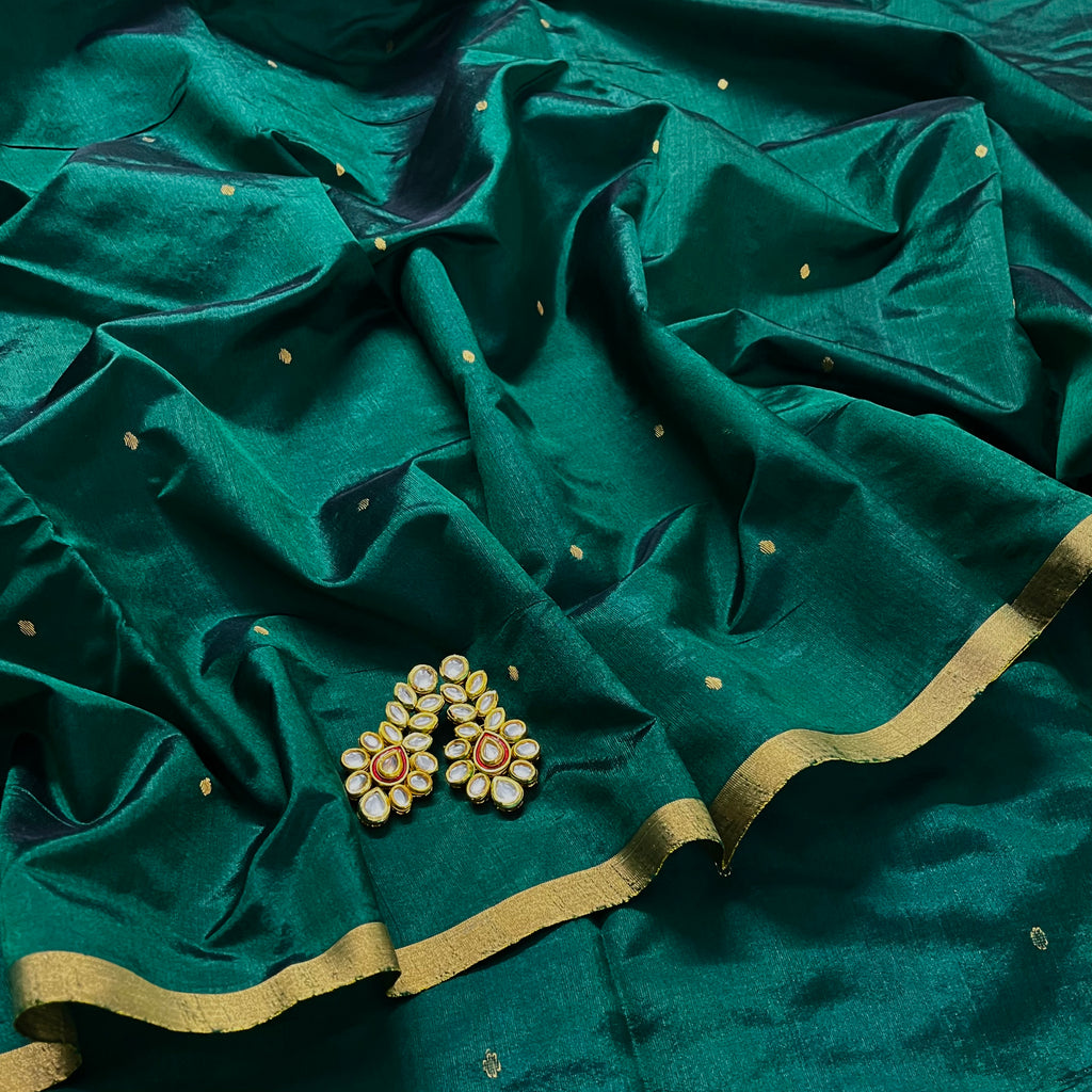 Dark Green Chanderi Silk Saree with Zari Bootis all over