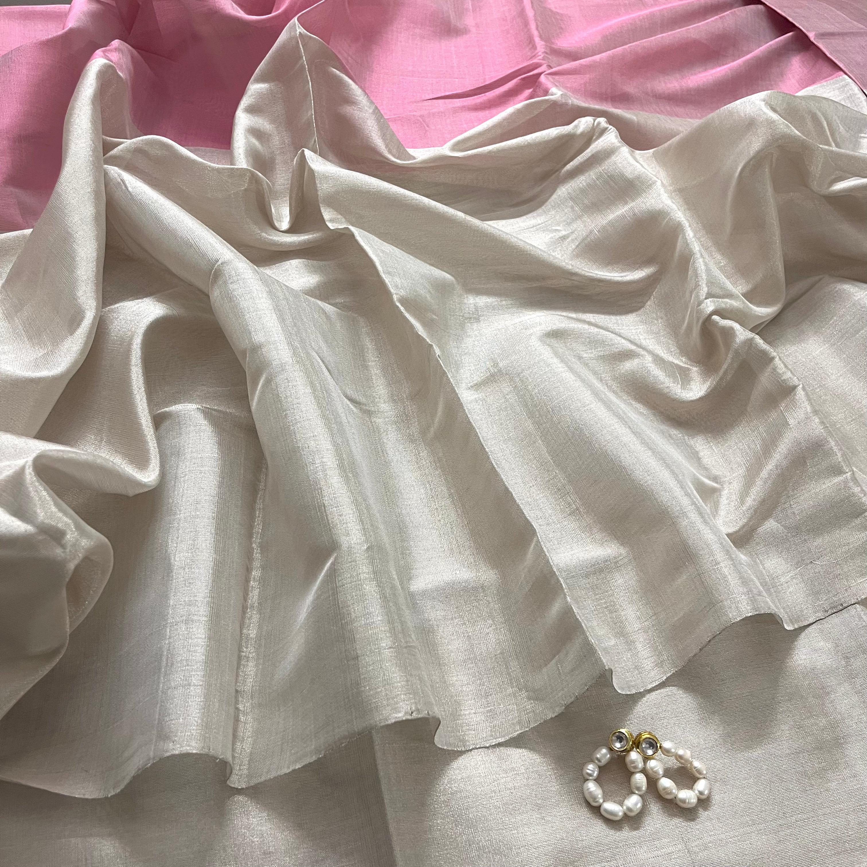 Silver and pink chanderi tissue silk saree