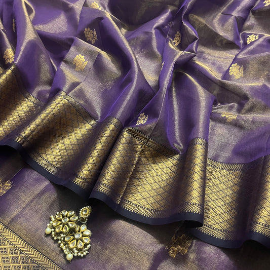 Dark purple maheshwari tissue silk saree with flower motifs all over