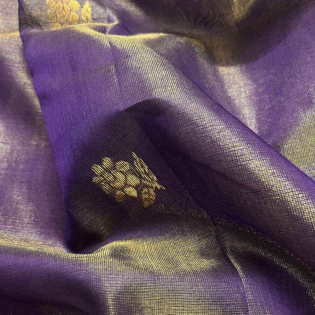 Dark purple maheshwari tissue silk saree with flower motifs all over