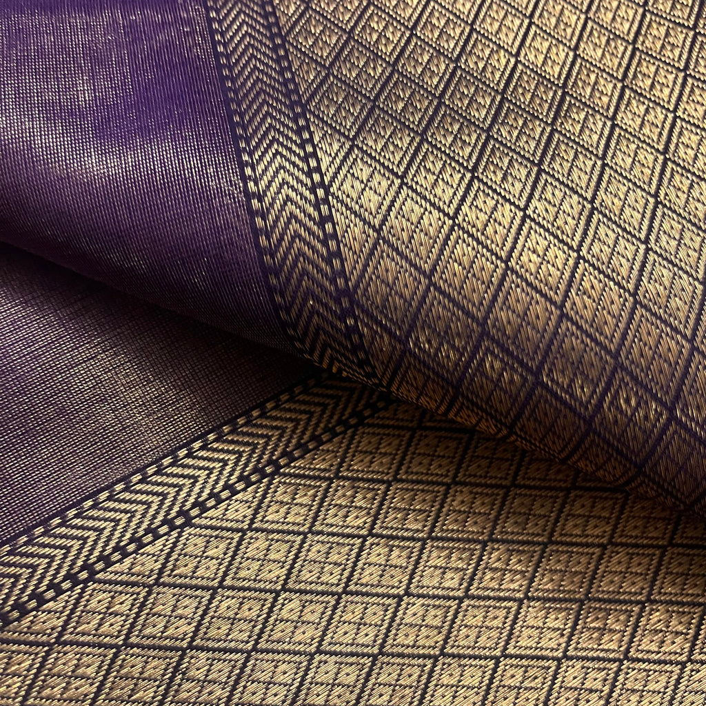 Dark purple maheshwari tissue silk saree with flower motifs all over
