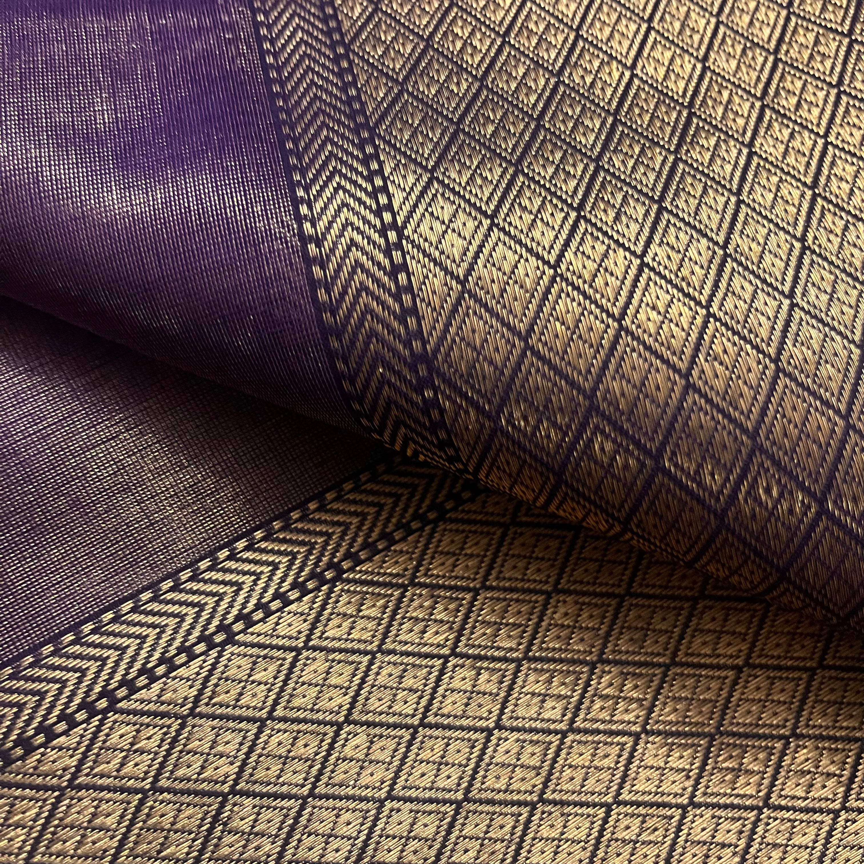 Dark purple maheshwari tissue silk saree with flower motifs all over