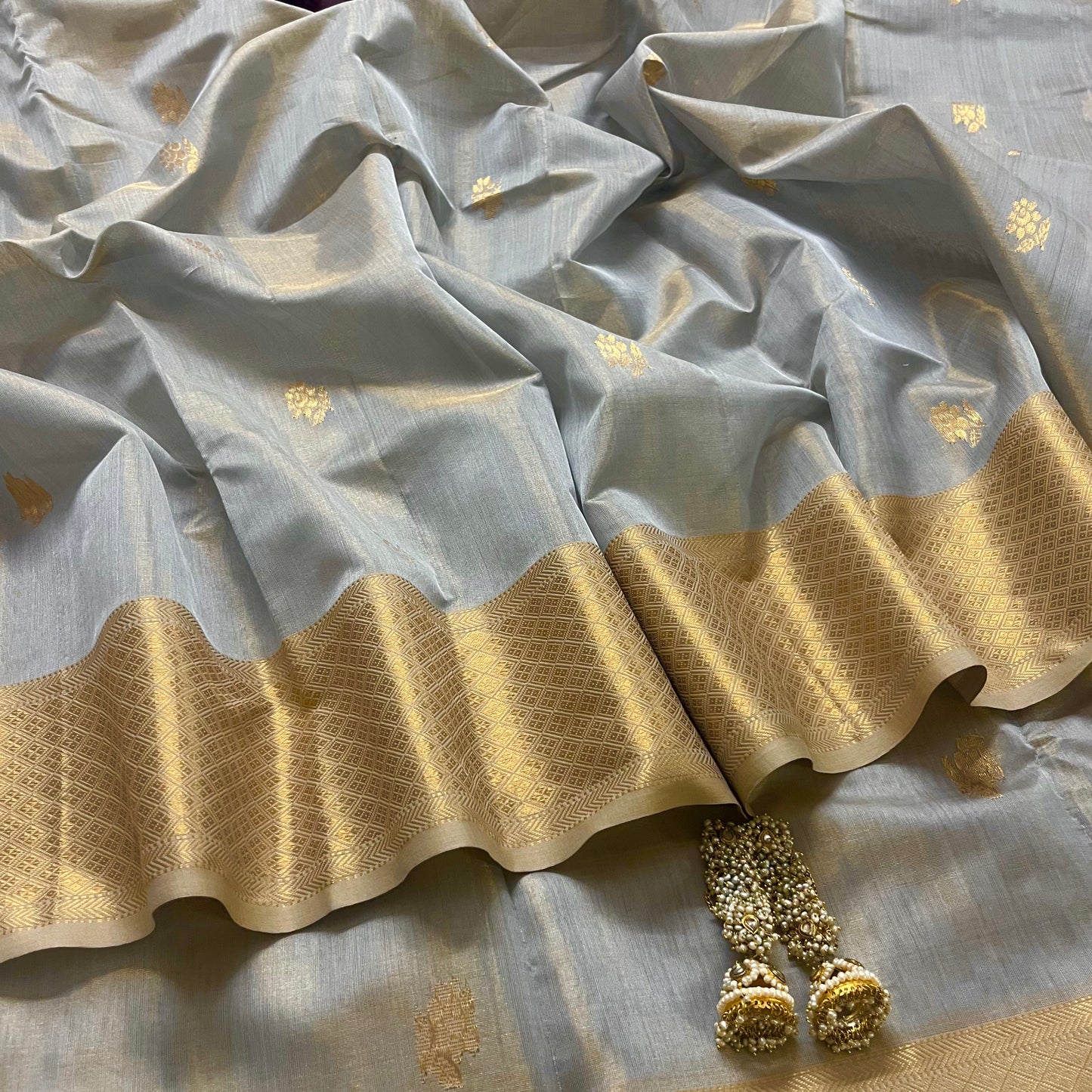 Grey gold maheshwari tissue silk saree with flower motifs all over