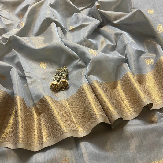 Grey gold maheshwari tissue silk saree with flower motifs all over