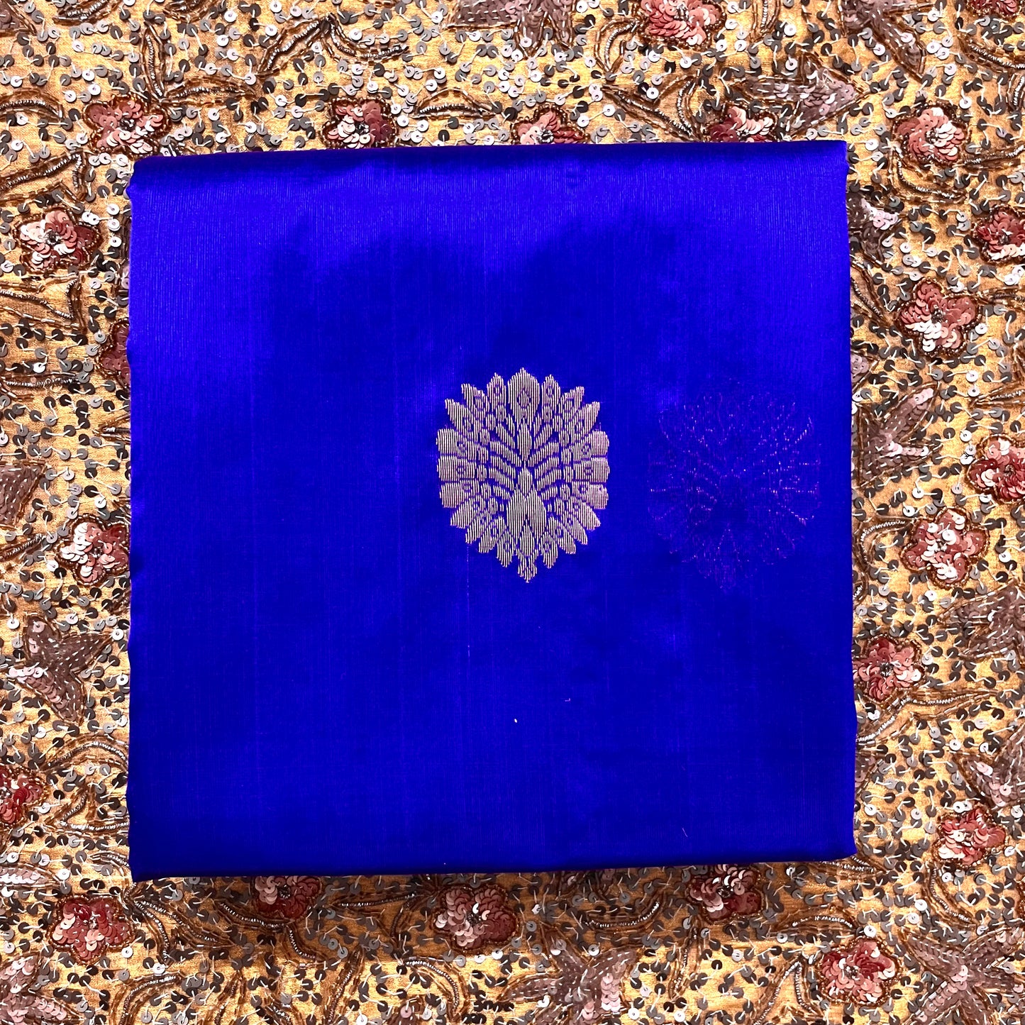 Royal blue chanderi silk saree with mor-motifs all over