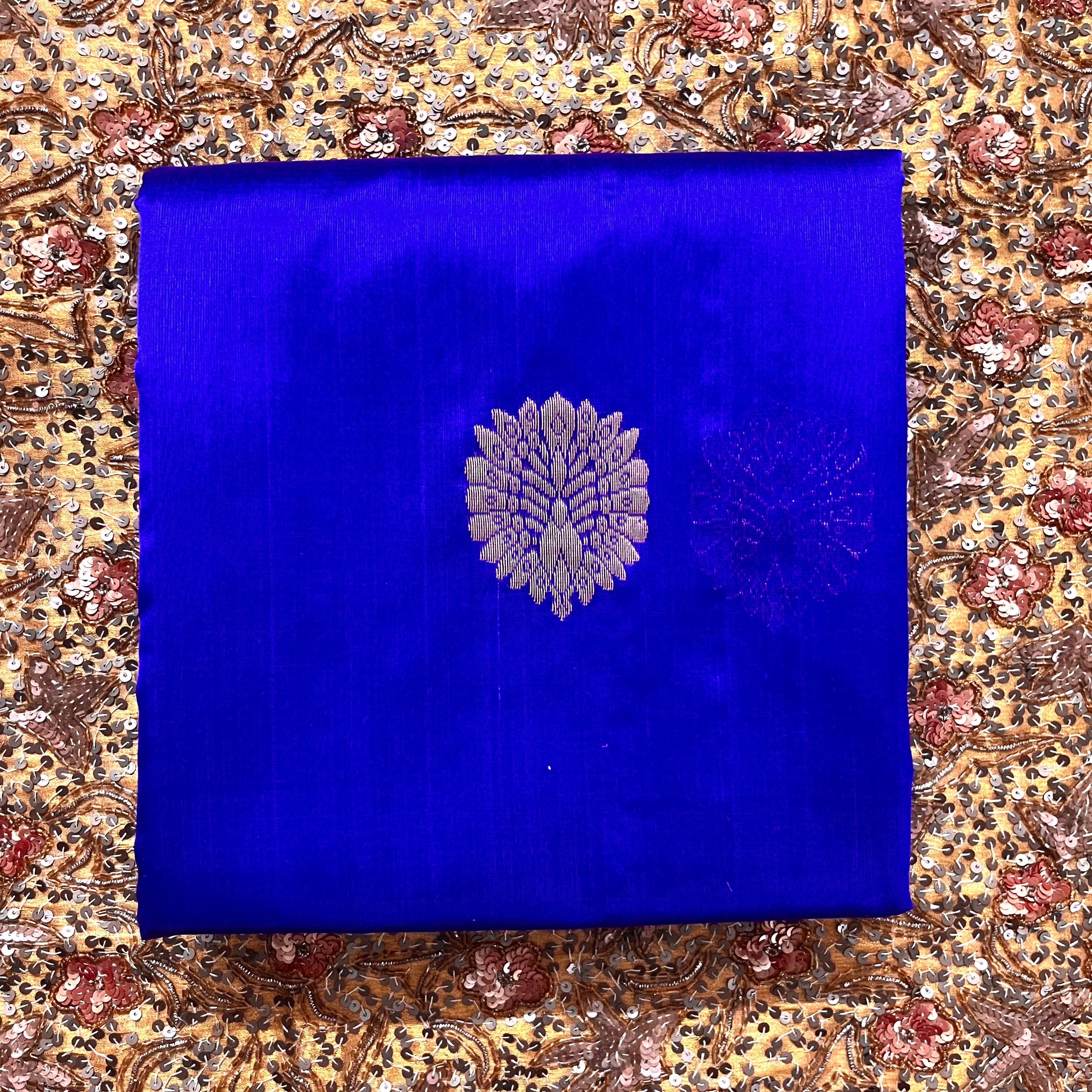 Royal blue chanderi silk saree with mor-motifs all over