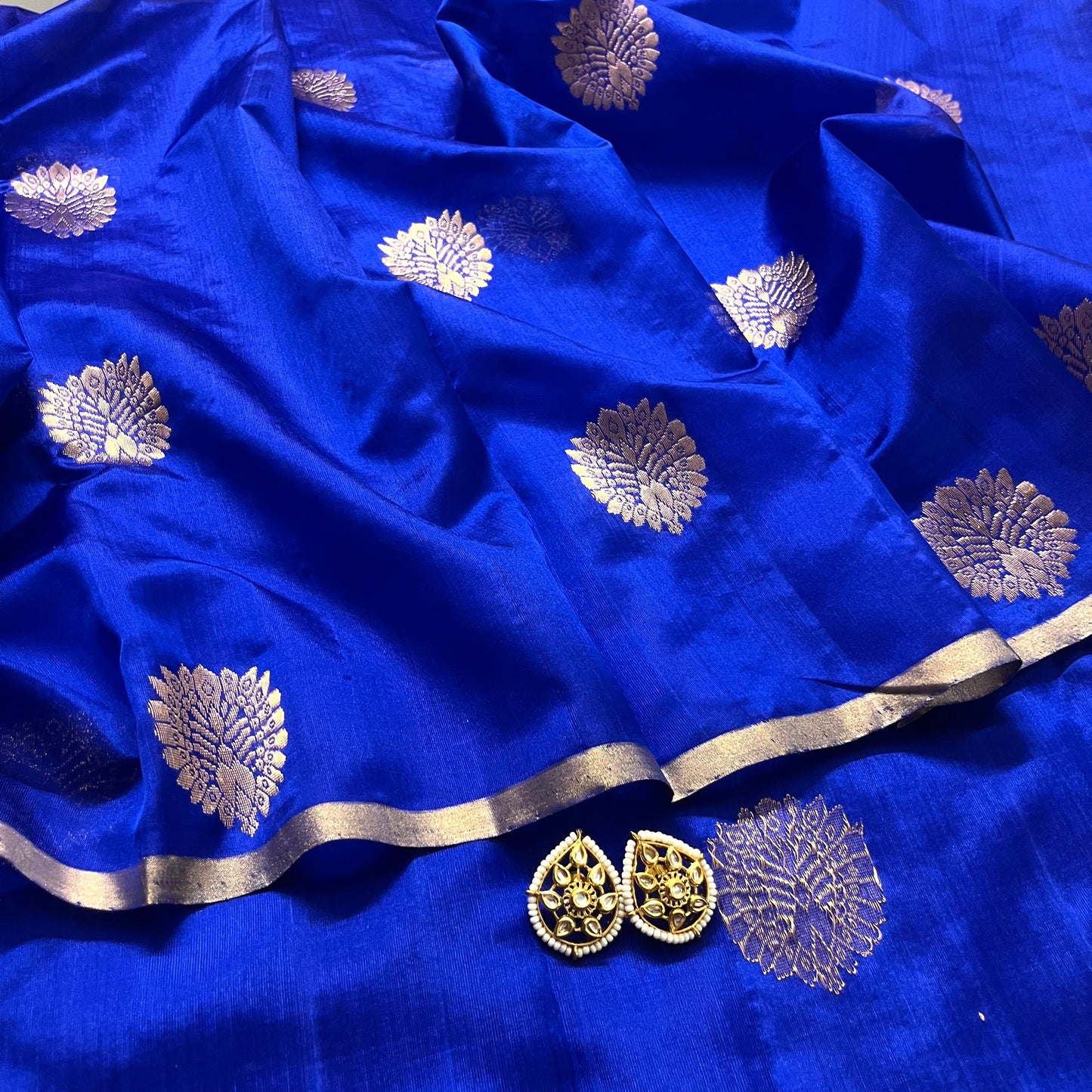 Royal blue chanderi silk saree with mor-motifs all over