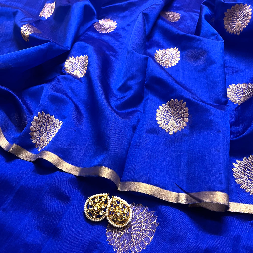 Royal blue chanderi silk saree with mor-motifs all over