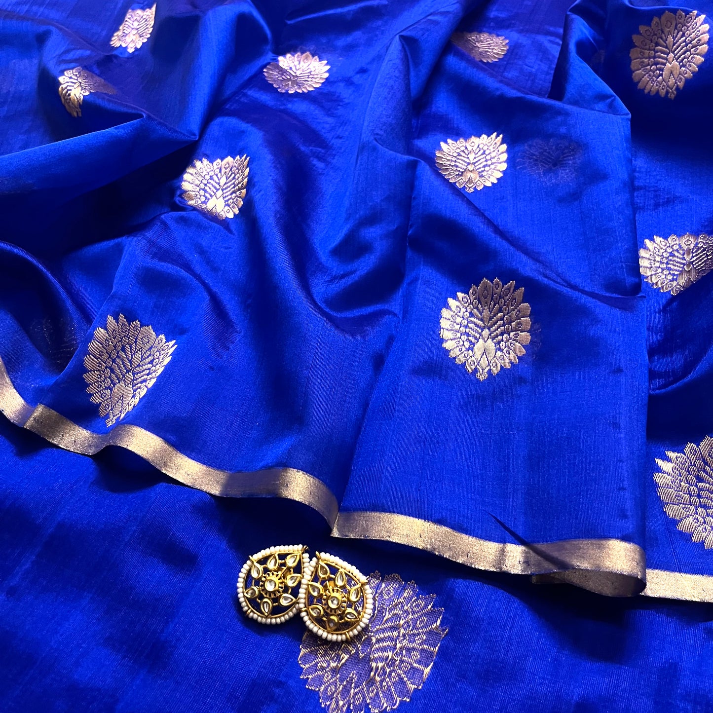 Royal blue chanderi silk saree with mor-motifs all over