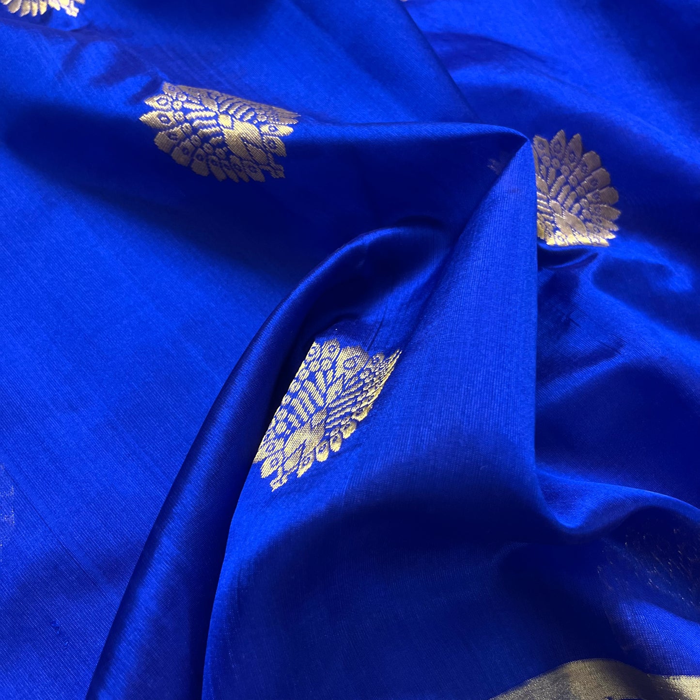 Royal blue chanderi silk saree with mor-motifs all over