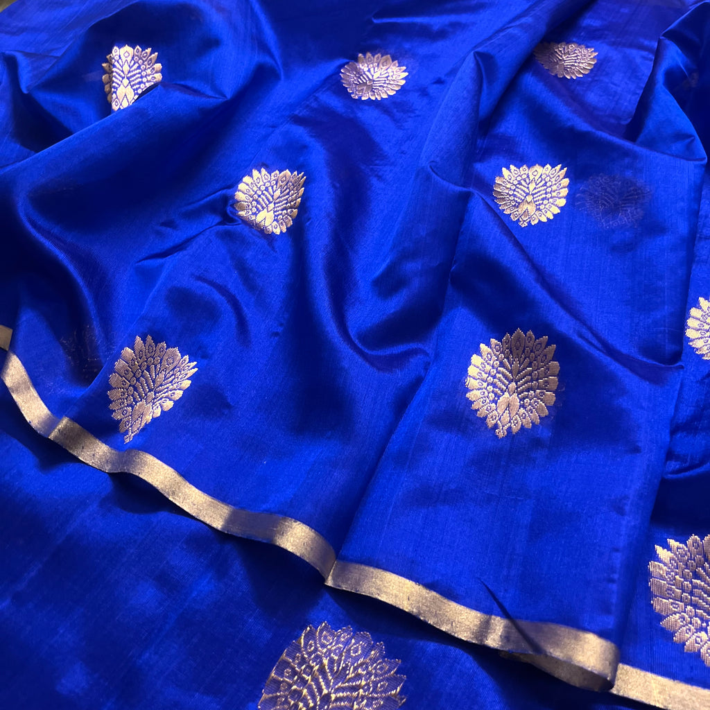 Royal blue chanderi silk saree with mor-motifs all over
