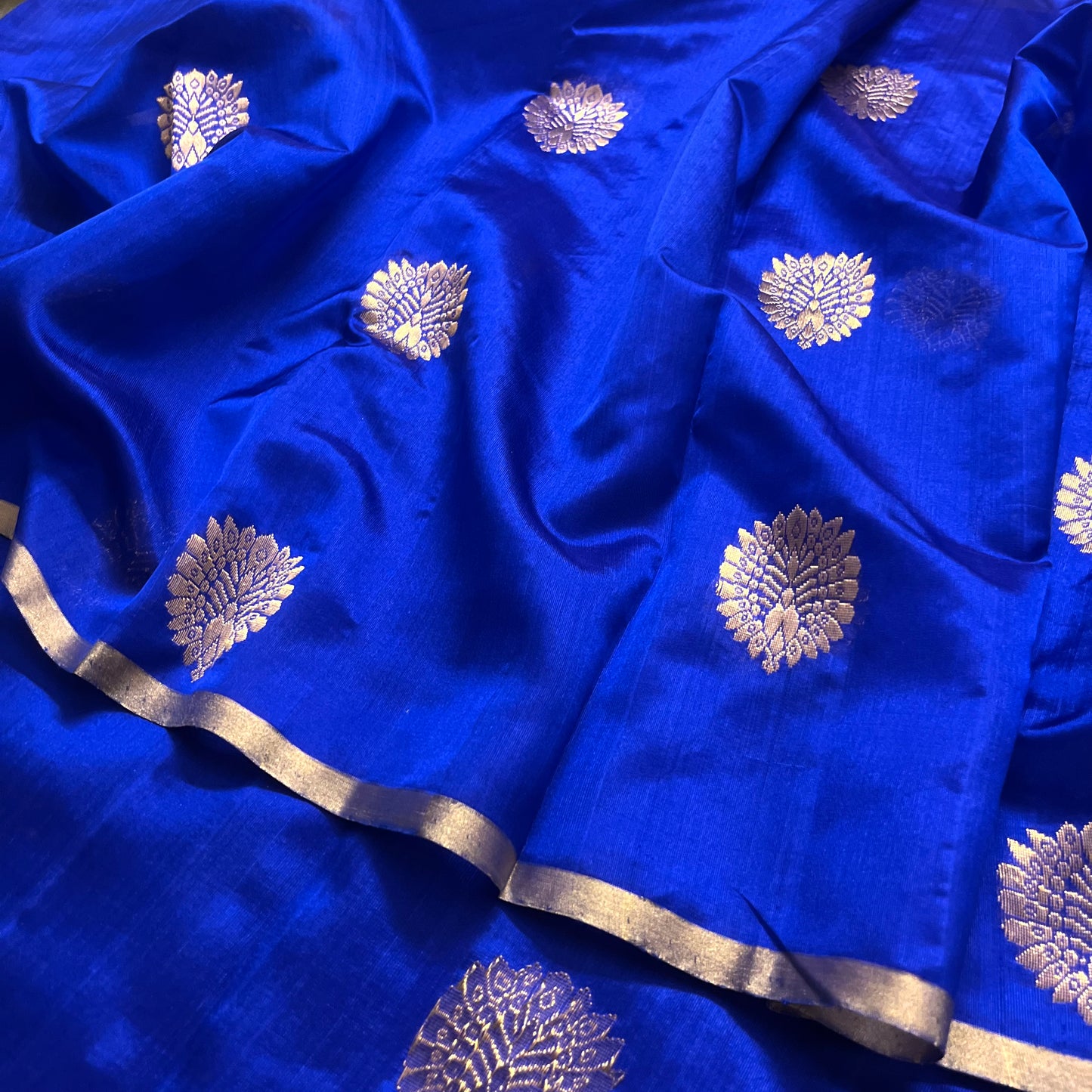 Royal blue chanderi silk saree with mor-motifs all over