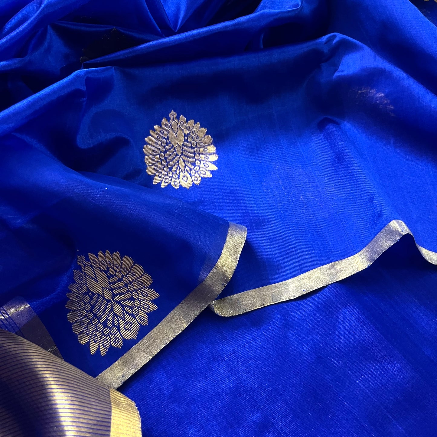Royal blue chanderi silk saree with mor-motifs all over