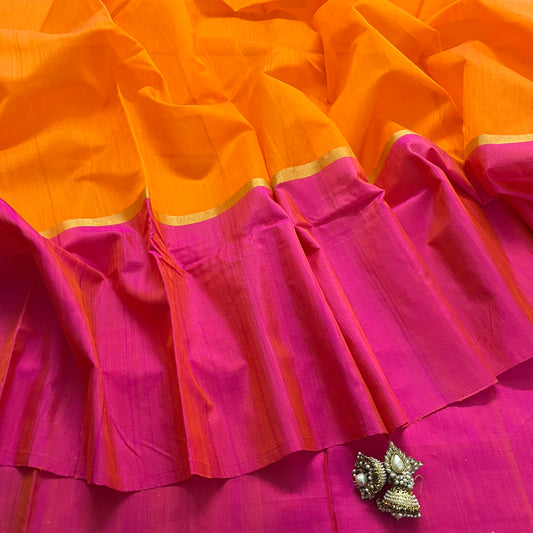 Orange and pink chanderi saree with zari lines on pallu