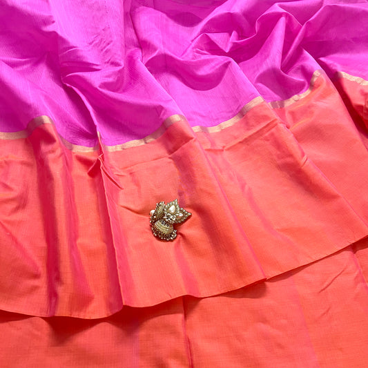 Pink and peach chanderi saree with zari lines on pallu