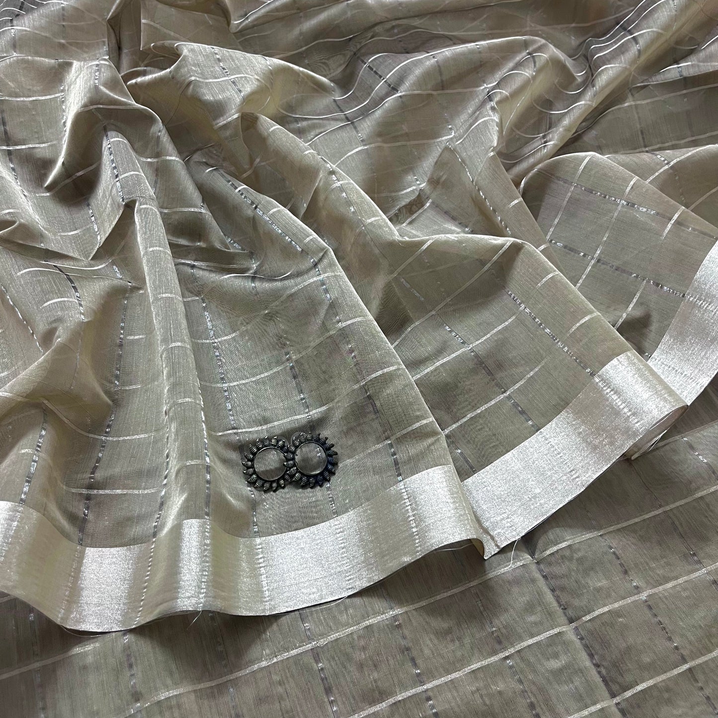 Antique silver and grey Maheshwari saree with zari check all over