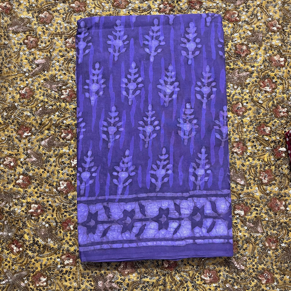 Purple mul cotton block print saree