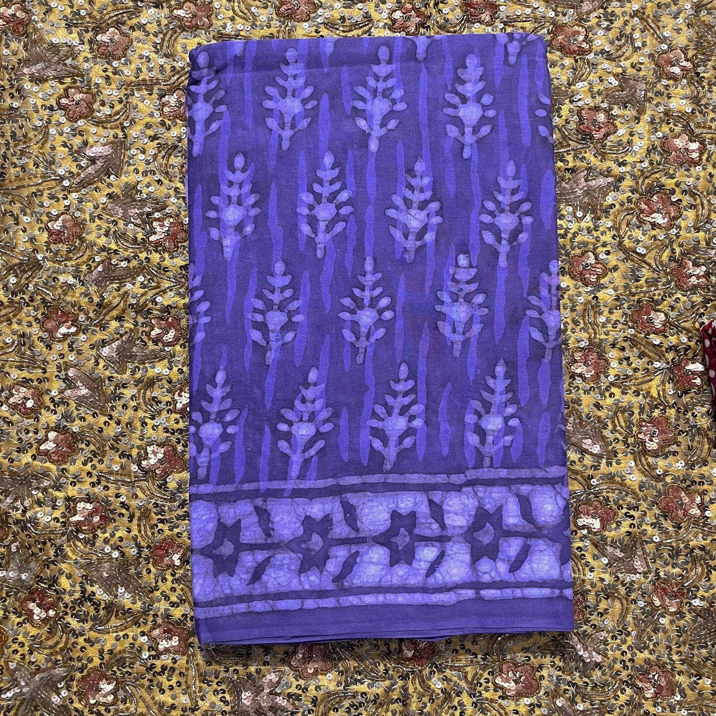 Purple mul cotton block print saree