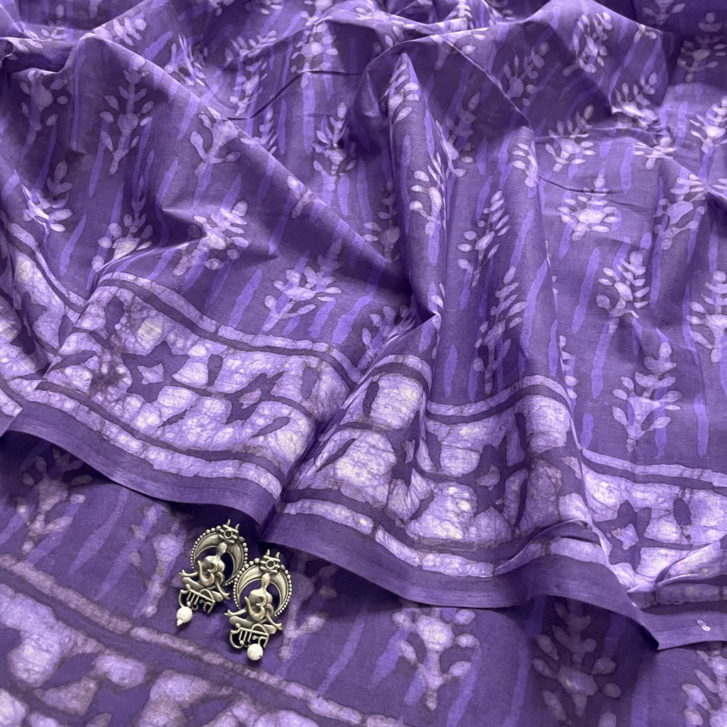 Purple mul cotton block print saree