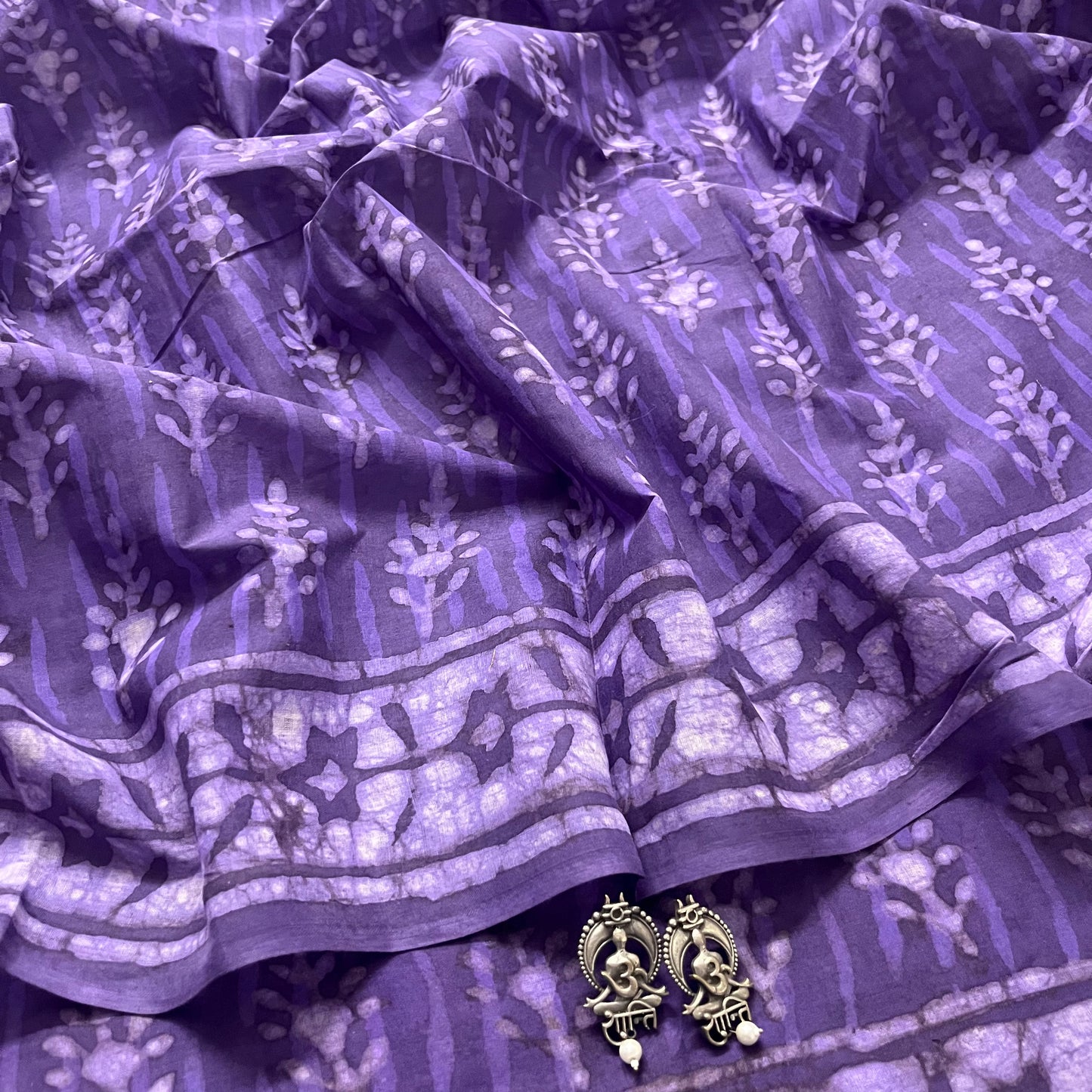 Purple mul cotton block print saree