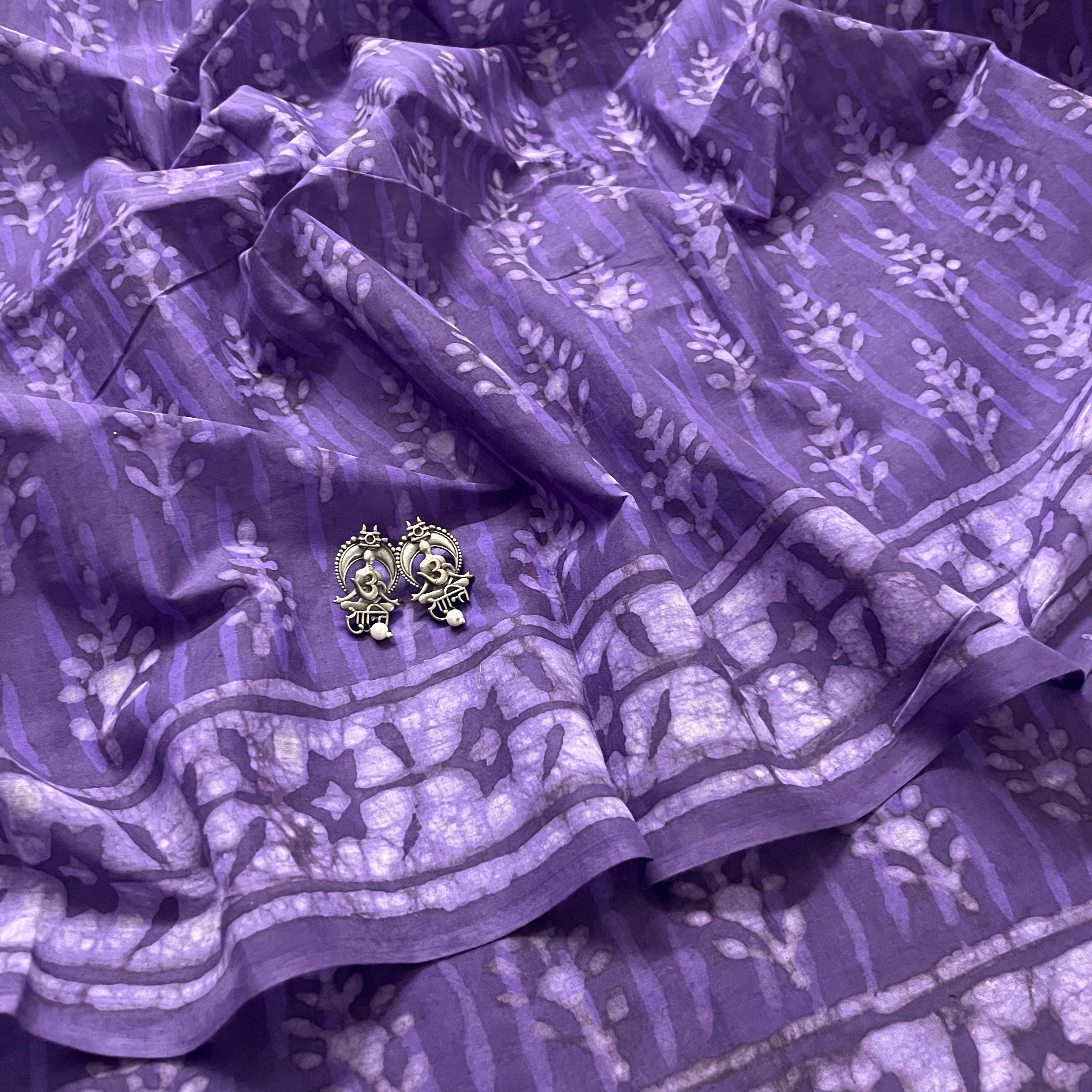 Purple mul cotton block print saree