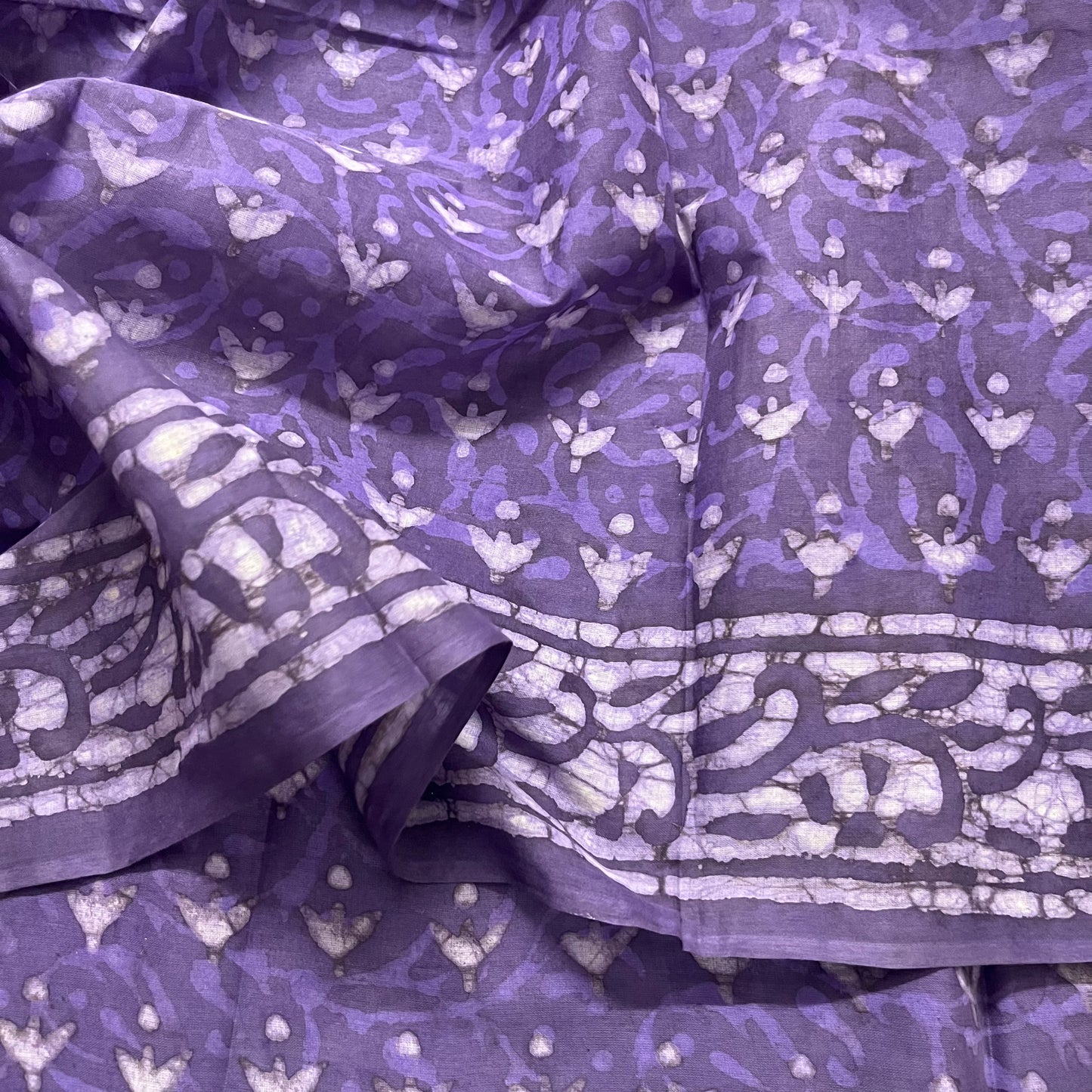 Purple and white mul cotton block print saree