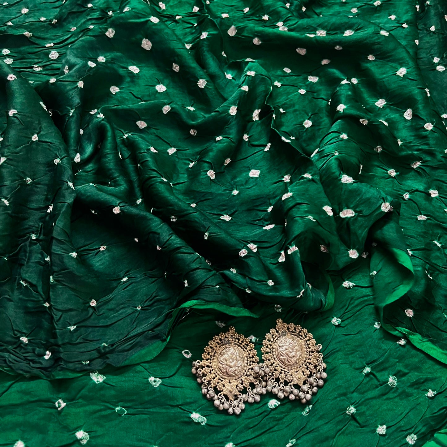 Bottle green bandhani saree with ajrakh palllu
