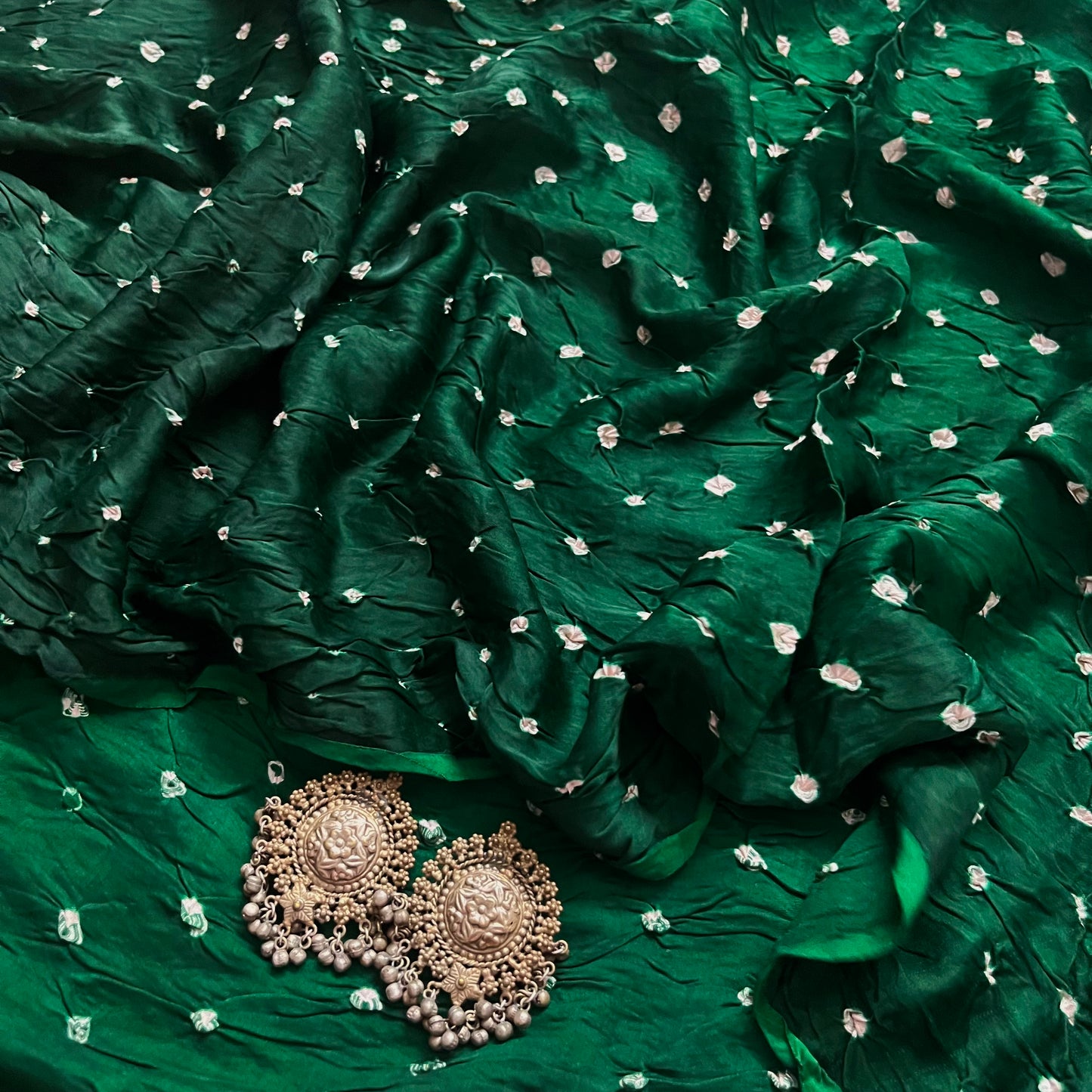 Bottle green bandhani saree with ajrakh palllu