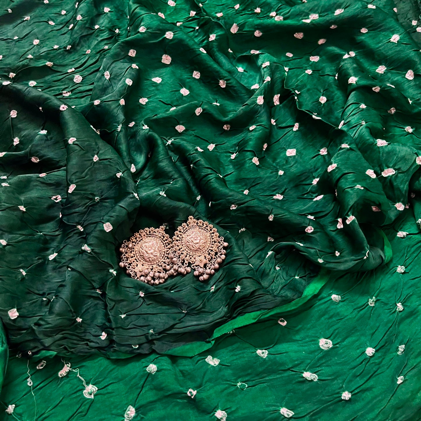 Bottle green bandhani saree with ajrakh palllu