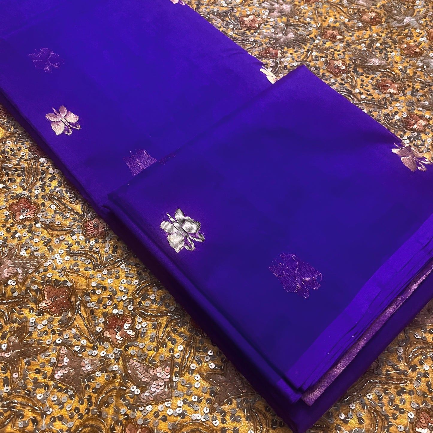 Dark purple chanderi organza silk saree with butterfly motifs all over
