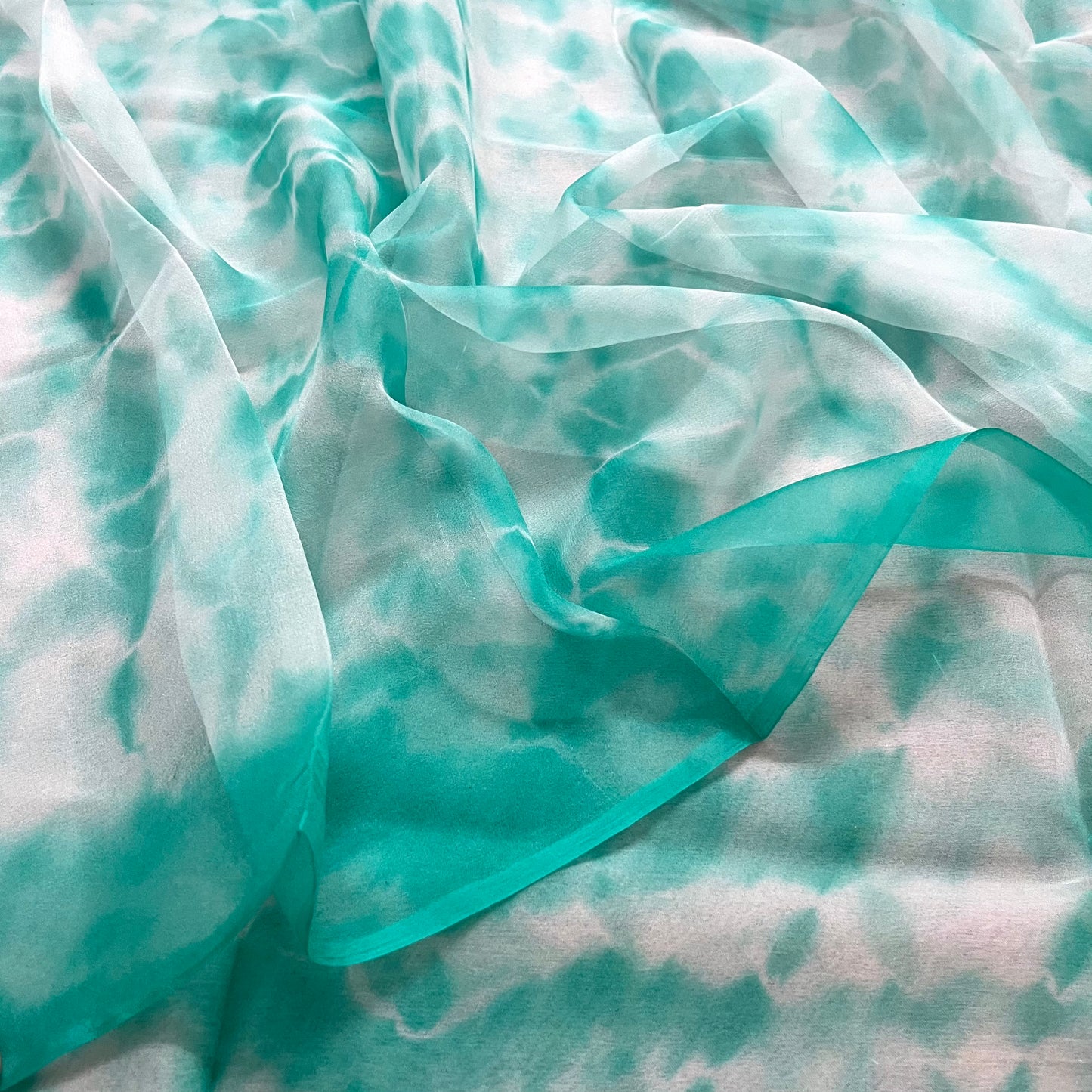 Sea Green & White Shibori Chiffon Saree